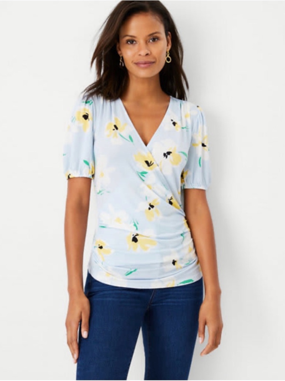 Ann Taylor Light Blue Floral Wrap-Front Blouse